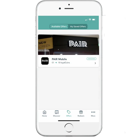 Mobile app interface showing PAIR Mobile offers and available rewards on a smartphone screen.